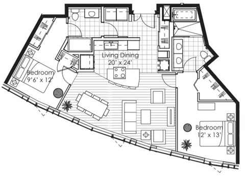 Floor plan for 2 beds, 2 baths, 1158 sqft
